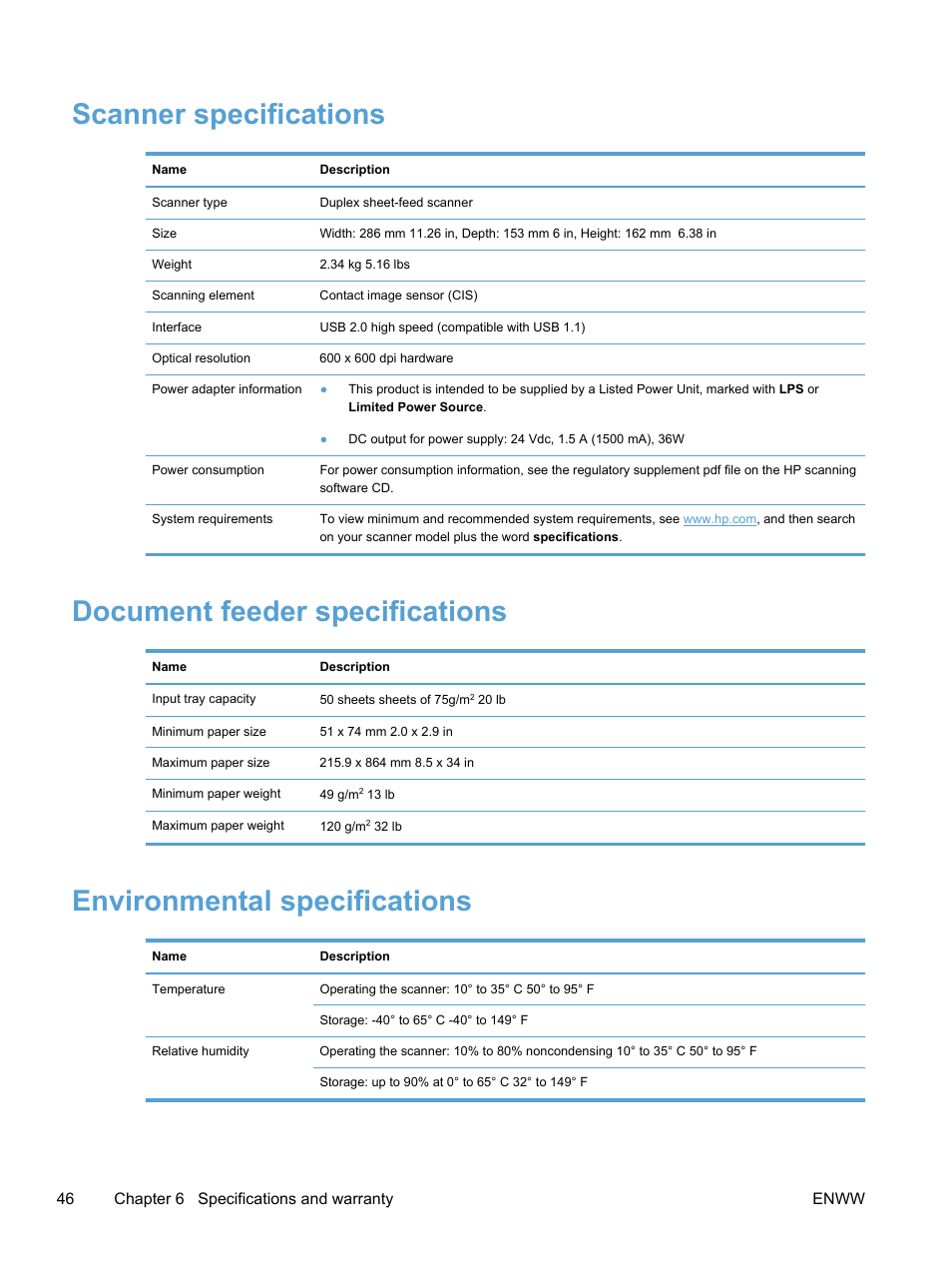 Scanner specifications, Document feeder specifications, Environmental specifications | HP Scanjet Pro 3000 s2 Sheet-feed Scanner User Manual | Page 52 / 60