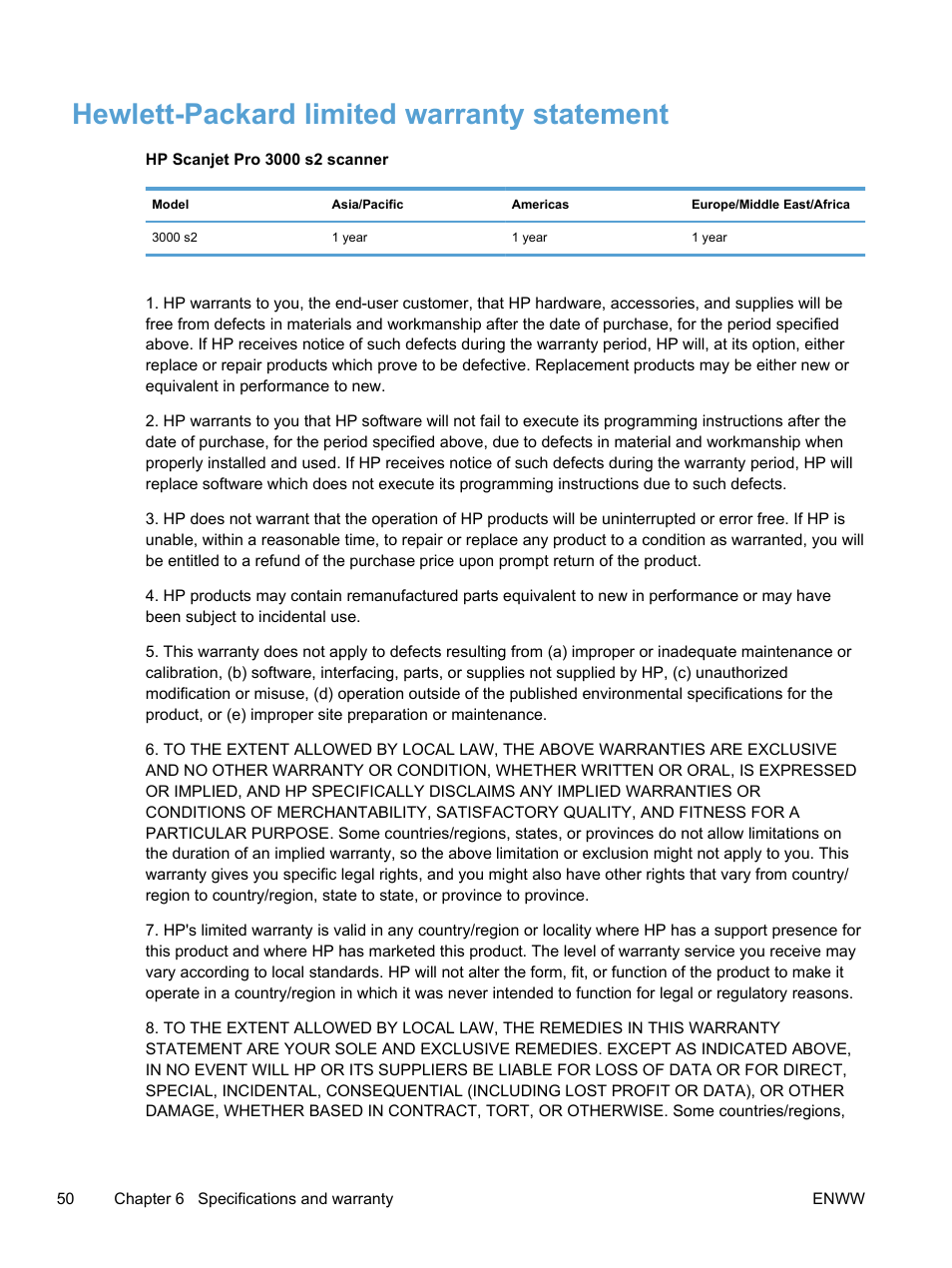 Hewlett-packard limited warranty statement | HP Scanjet Pro 3000 s2 Sheet-feed Scanner User Manual | Page 56 / 60