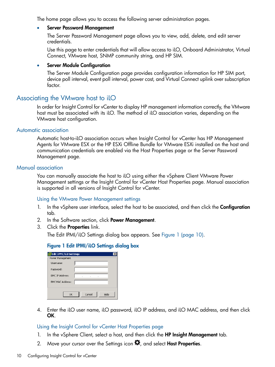 Associating the vmware host to ilo, Automatic association, Manual association | Automatic association manual association | HP OneView for VMware vCenter User Manual | Page 10 / 113