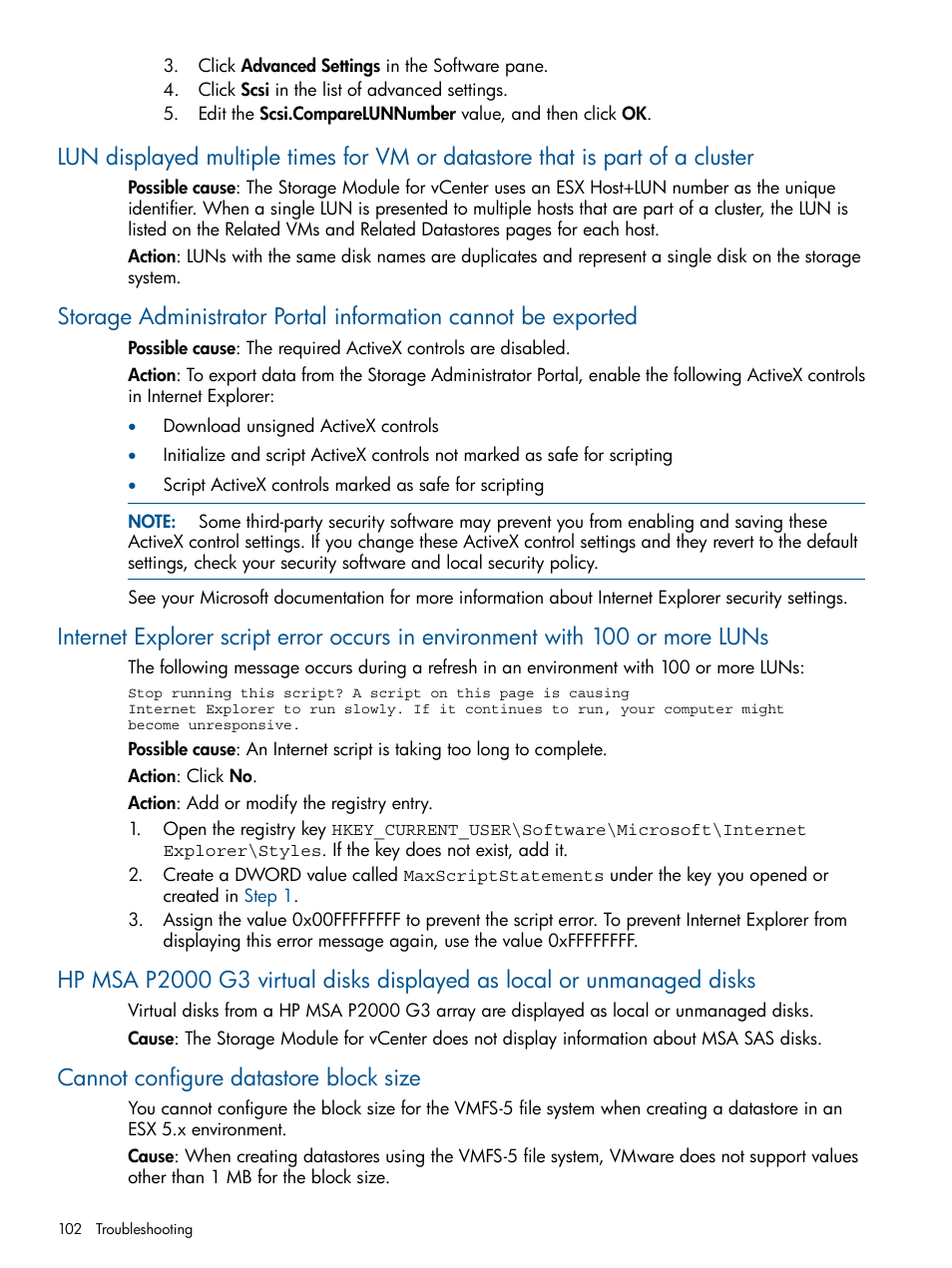 Cannot configure datastore block size | HP OneView for VMware vCenter User Manual | Page 102 / 113