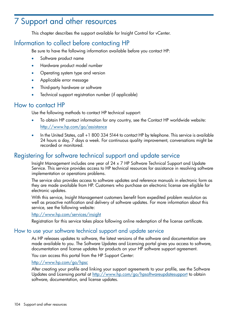 7 support and other resources, Information to collect before contacting hp, How to contact hp | HP OneView for VMware vCenter User Manual | Page 104 / 113