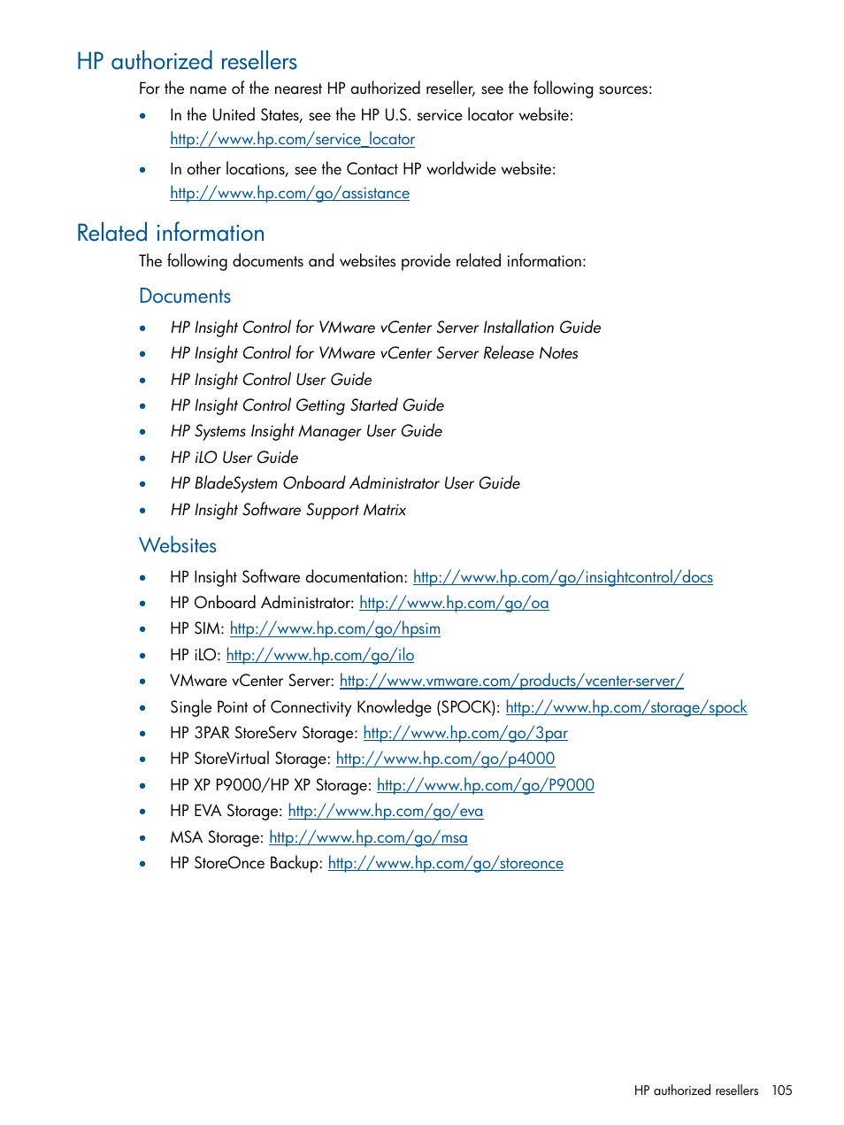 Hp authorized resellers, Related information, Hp authorized resellers related information | Documents, Websites | HP OneView for VMware vCenter User Manual | Page 105 / 113