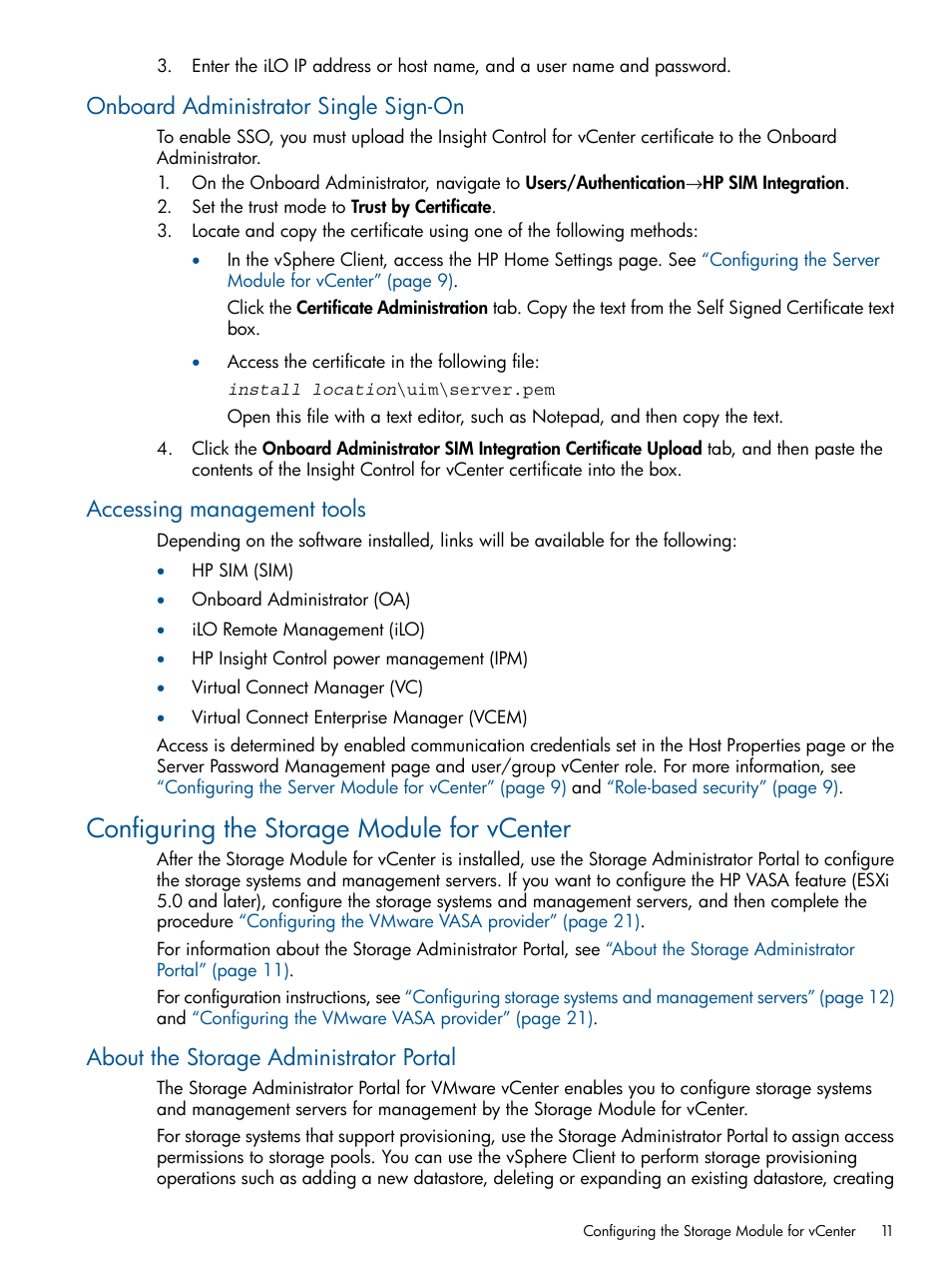 Onboard administrator single sign-on, Accessing management tools, Configuring the storage module for vcenter | About the storage administrator portal | HP OneView for VMware vCenter User Manual | Page 11 / 113