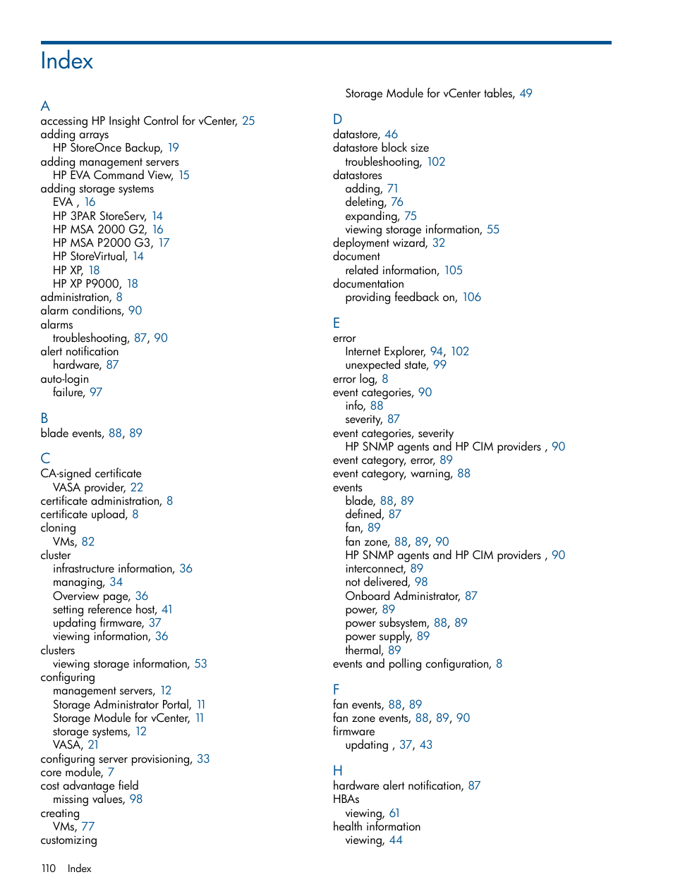 Index | HP OneView for VMware vCenter User Manual | Page 110 / 113