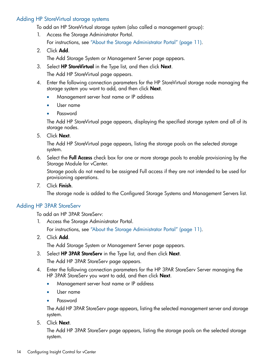 Adding hp storevirtual storage systems, Adding hp 3par storeserv | HP OneView for VMware vCenter User Manual | Page 14 / 113