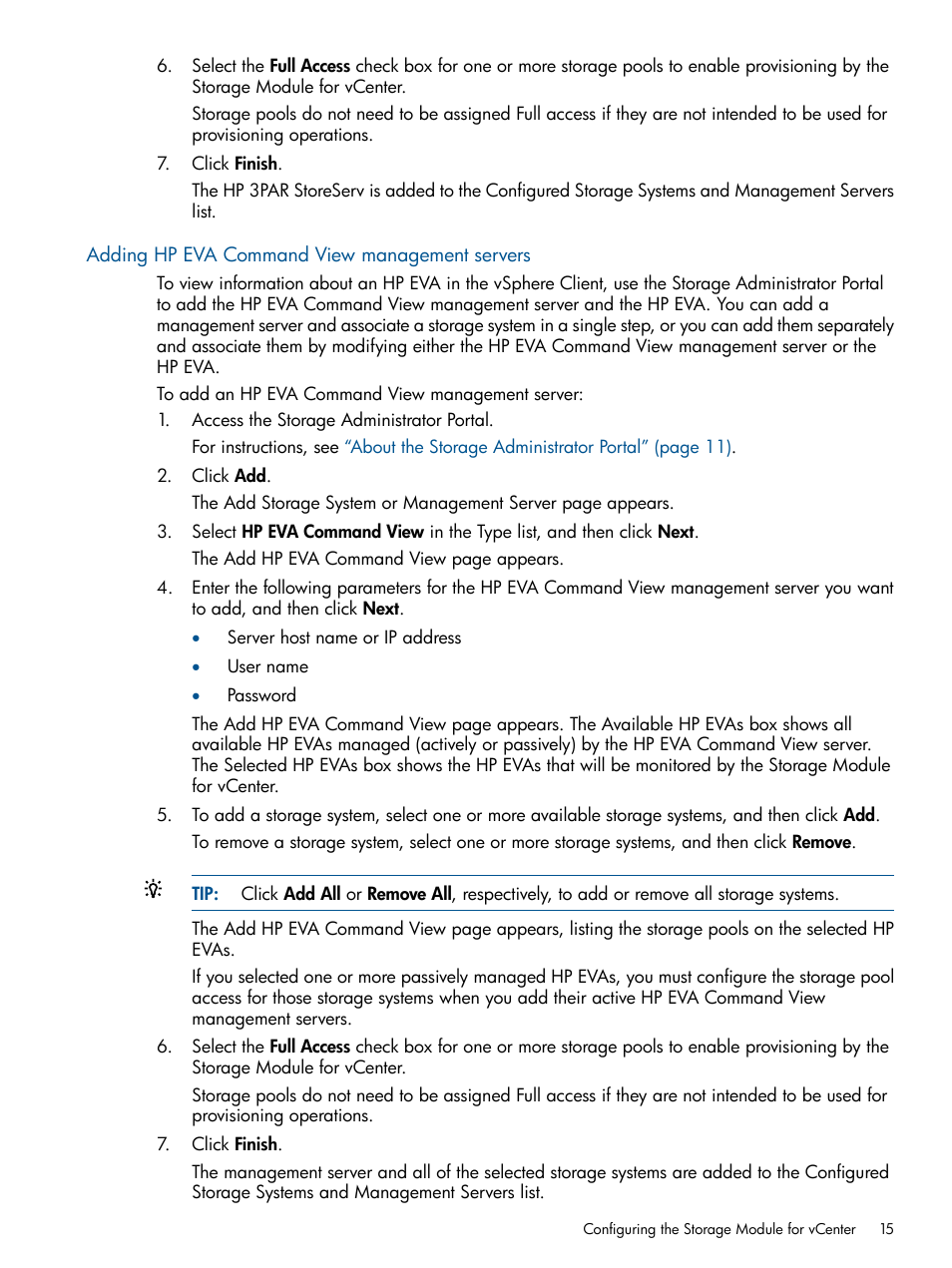 Adding hp eva command view management servers | HP OneView for VMware vCenter User Manual | Page 15 / 113