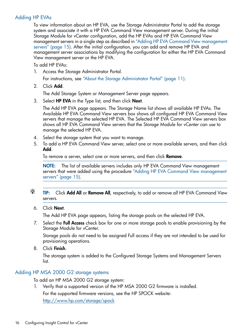 Adding hp evas, Adding hp msa 2000 g2 storage systems | HP OneView for VMware vCenter User Manual | Page 16 / 113