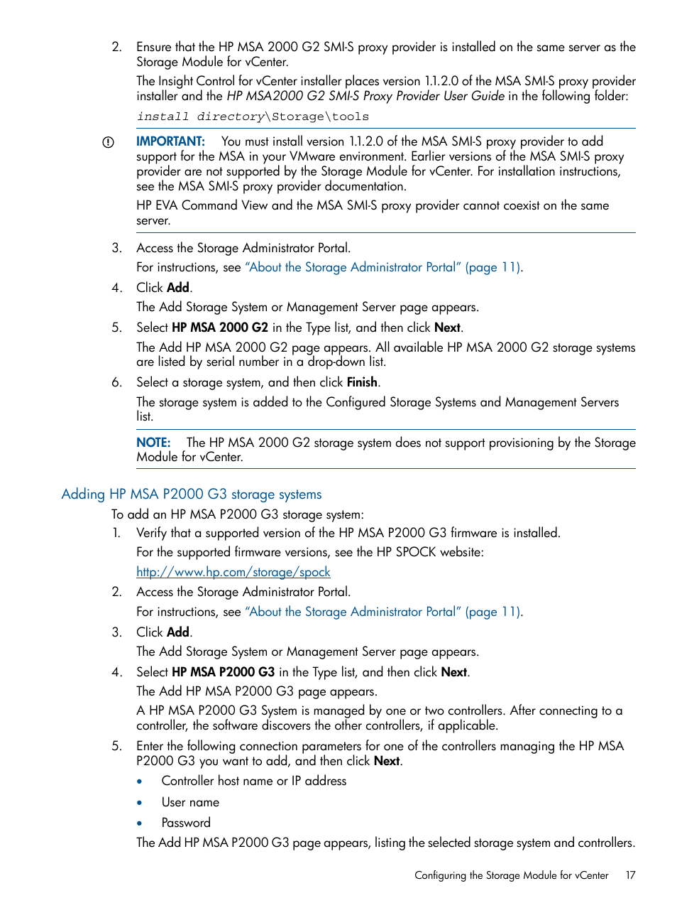 Adding hp msa p2000 g3 storage systems | HP OneView for VMware vCenter User Manual | Page 17 / 113