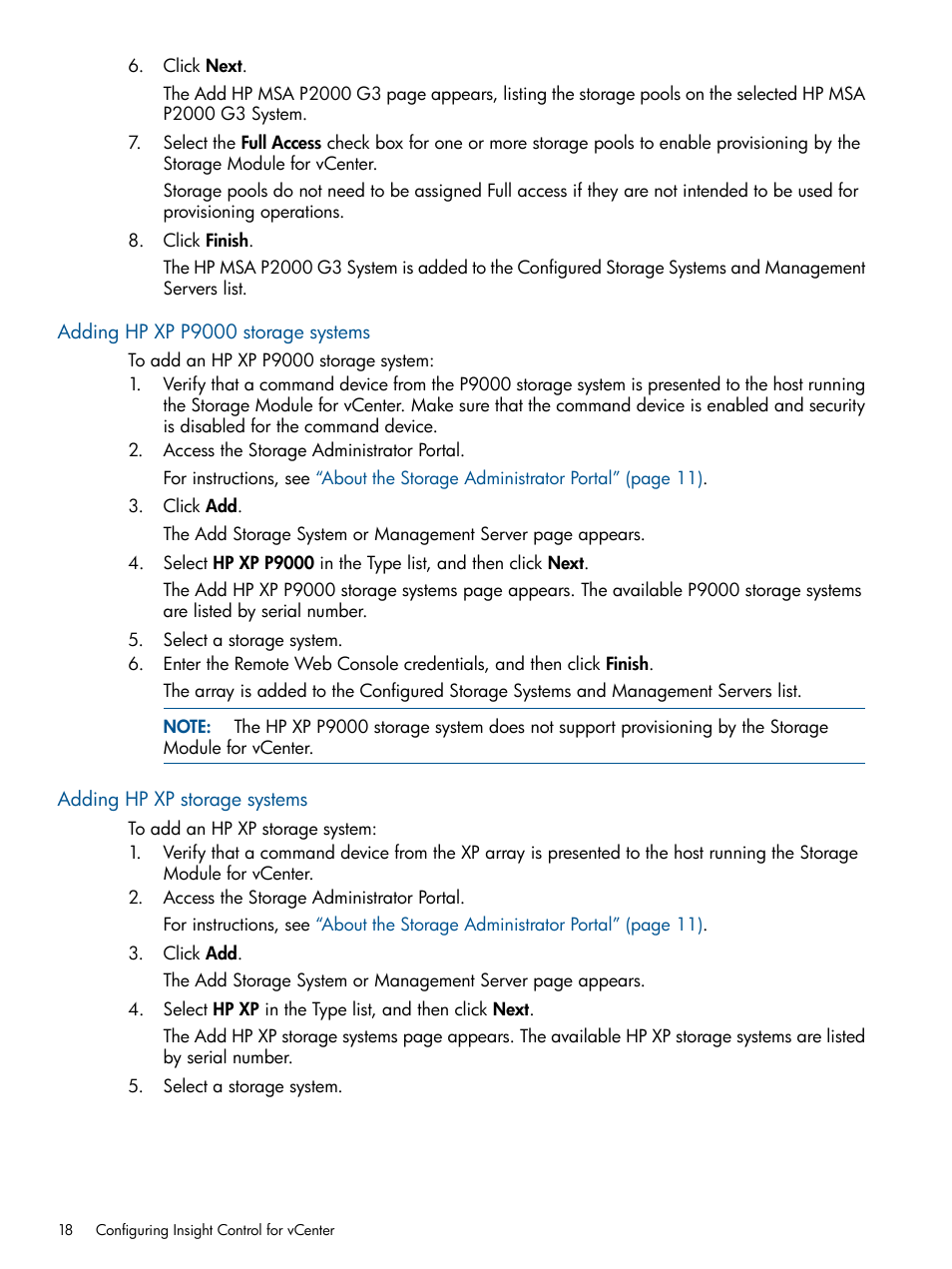 Adding hp xp p9000 storage systems, Adding hp xp storage systems | HP OneView for VMware vCenter User Manual | Page 18 / 113