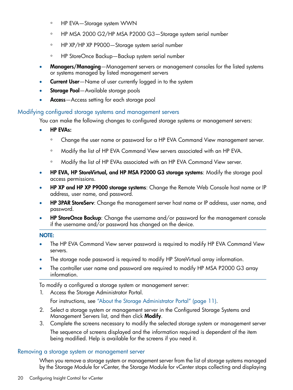 Removing a storage system or management server | HP OneView for VMware vCenter User Manual | Page 20 / 113