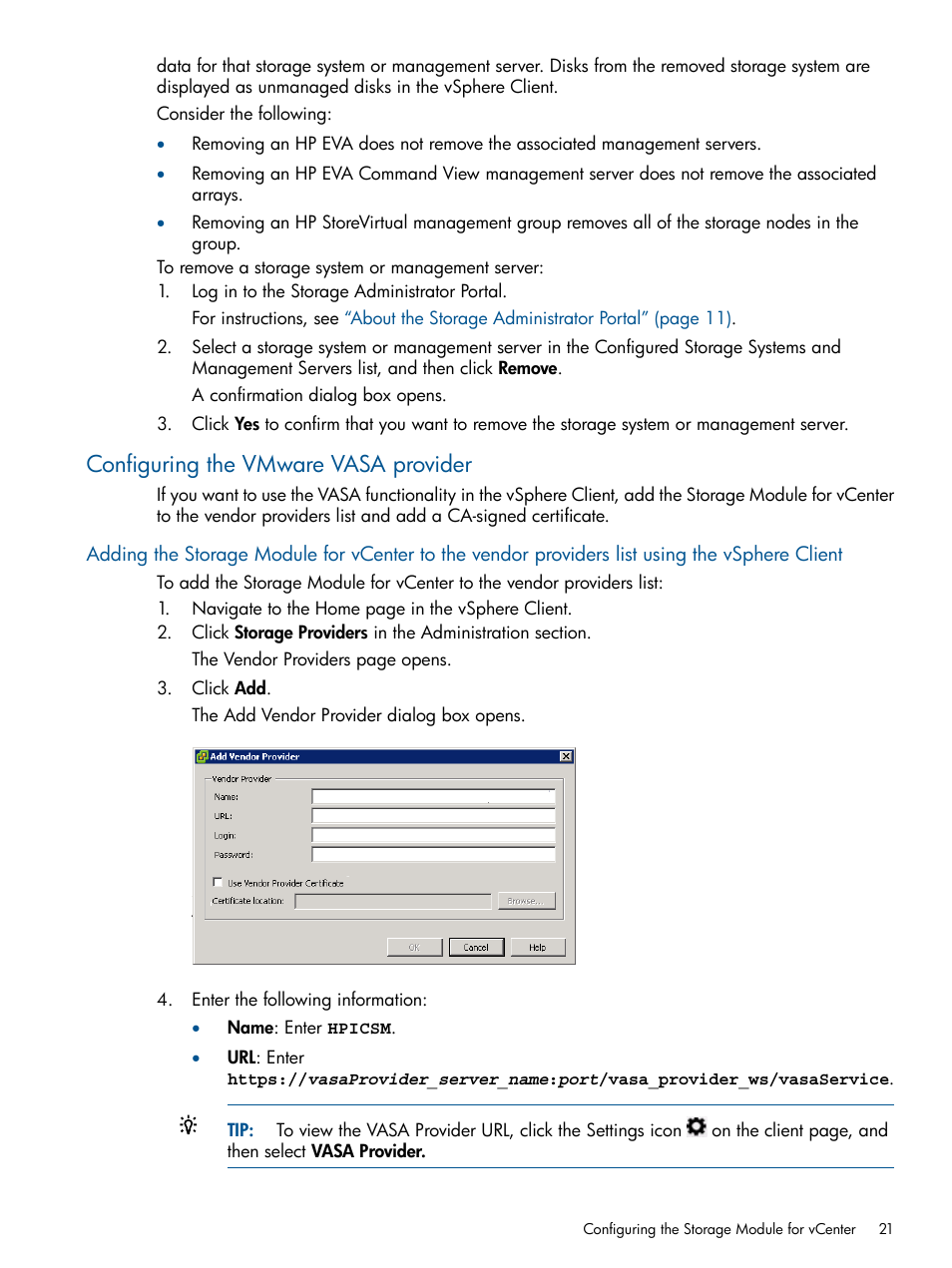 Configuring the vmware vasa provider | HP OneView for VMware vCenter User Manual | Page 21 / 113