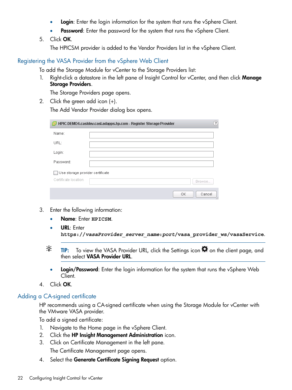 Adding a ca-signed certificate | HP OneView for VMware vCenter User Manual | Page 22 / 113