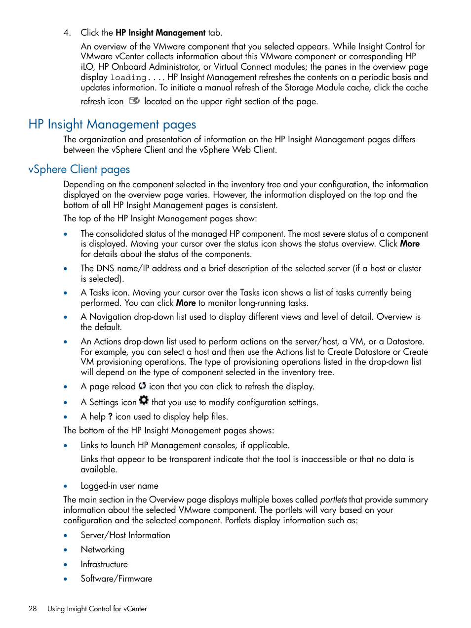 Hp insight management pages, Vsphere client pages | HP OneView for VMware vCenter User Manual | Page 28 / 113