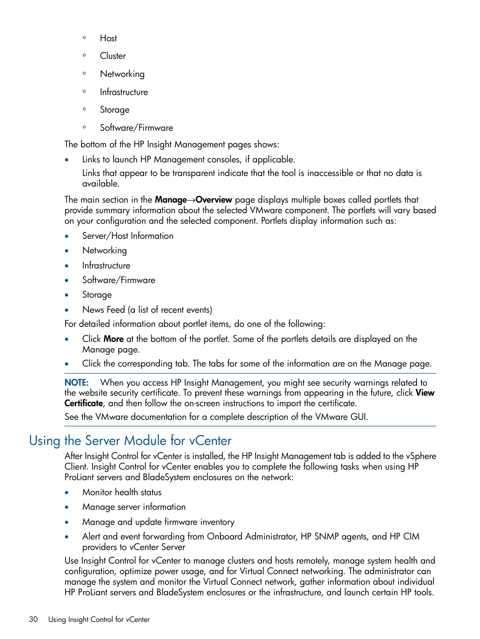 Using the server module for vcenter | HP OneView for VMware vCenter User Manual | Page 30 / 113