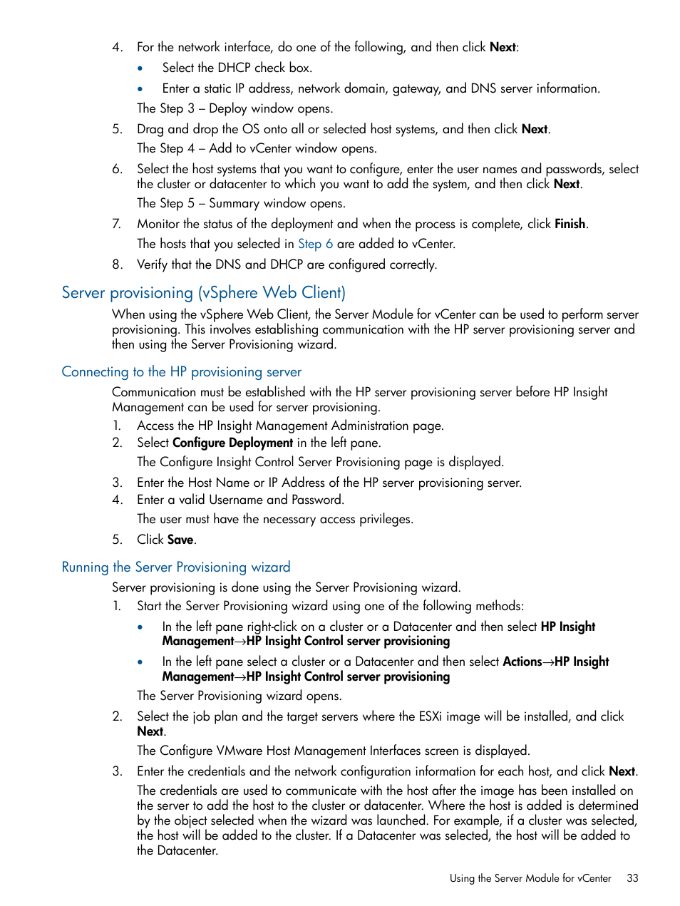 Server provisioning (vsphere web client), Connecting to the hp provisioning server, Running the server provisioning wizard | HP OneView for VMware vCenter User Manual | Page 33 / 113