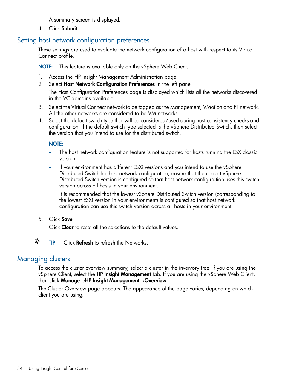 Setting host network configuration preferences, Managing clusters | HP OneView for VMware vCenter User Manual | Page 34 / 113