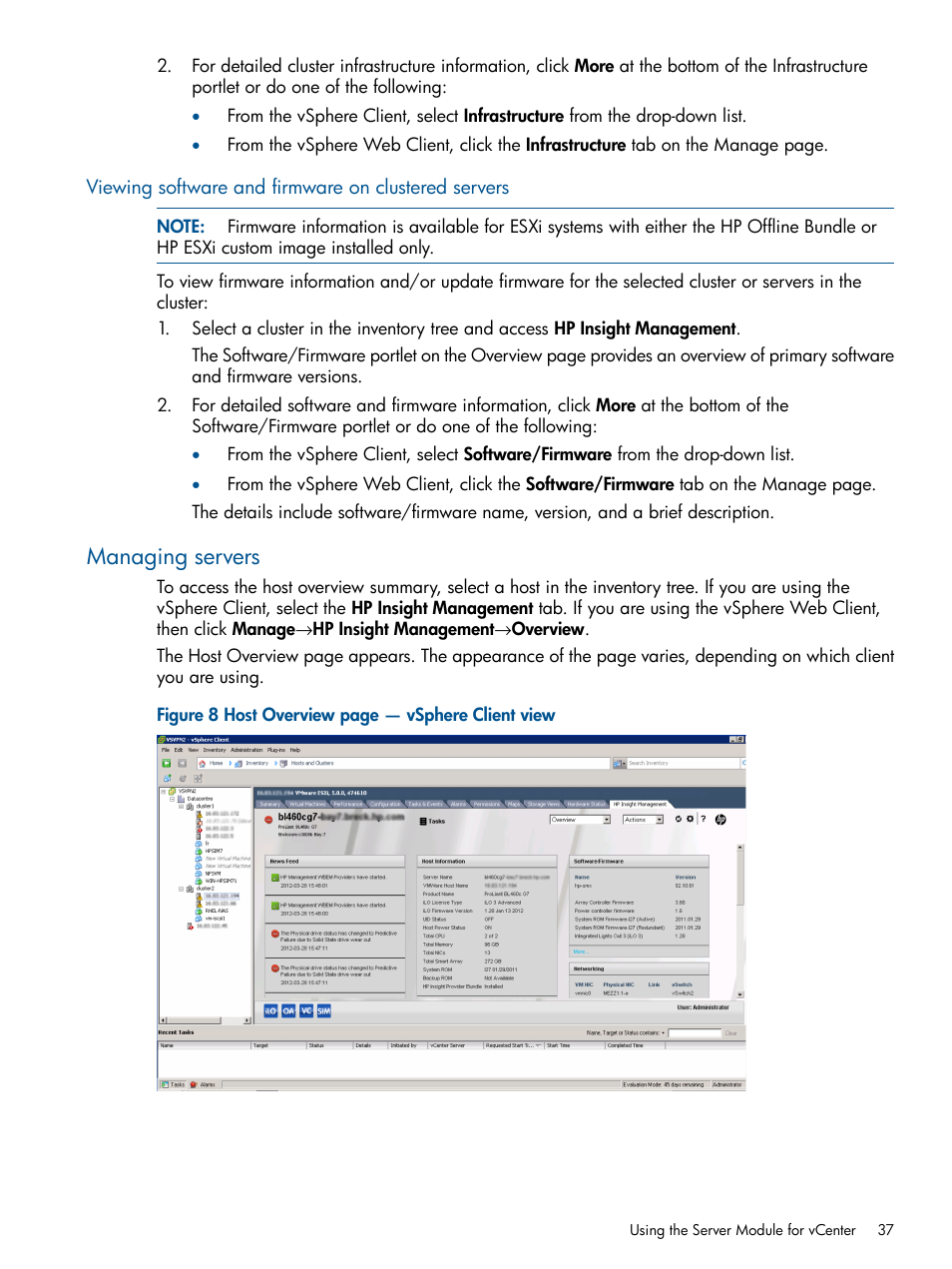 Viewing software and firmware on clustered servers, Managing servers | HP OneView for VMware vCenter User Manual | Page 37 / 113