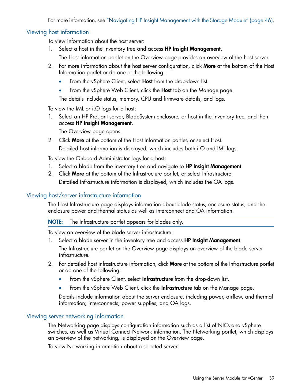 Viewing host information, Viewing host/server infrastructure information, Viewing server networking information | HP OneView for VMware vCenter User Manual | Page 39 / 113