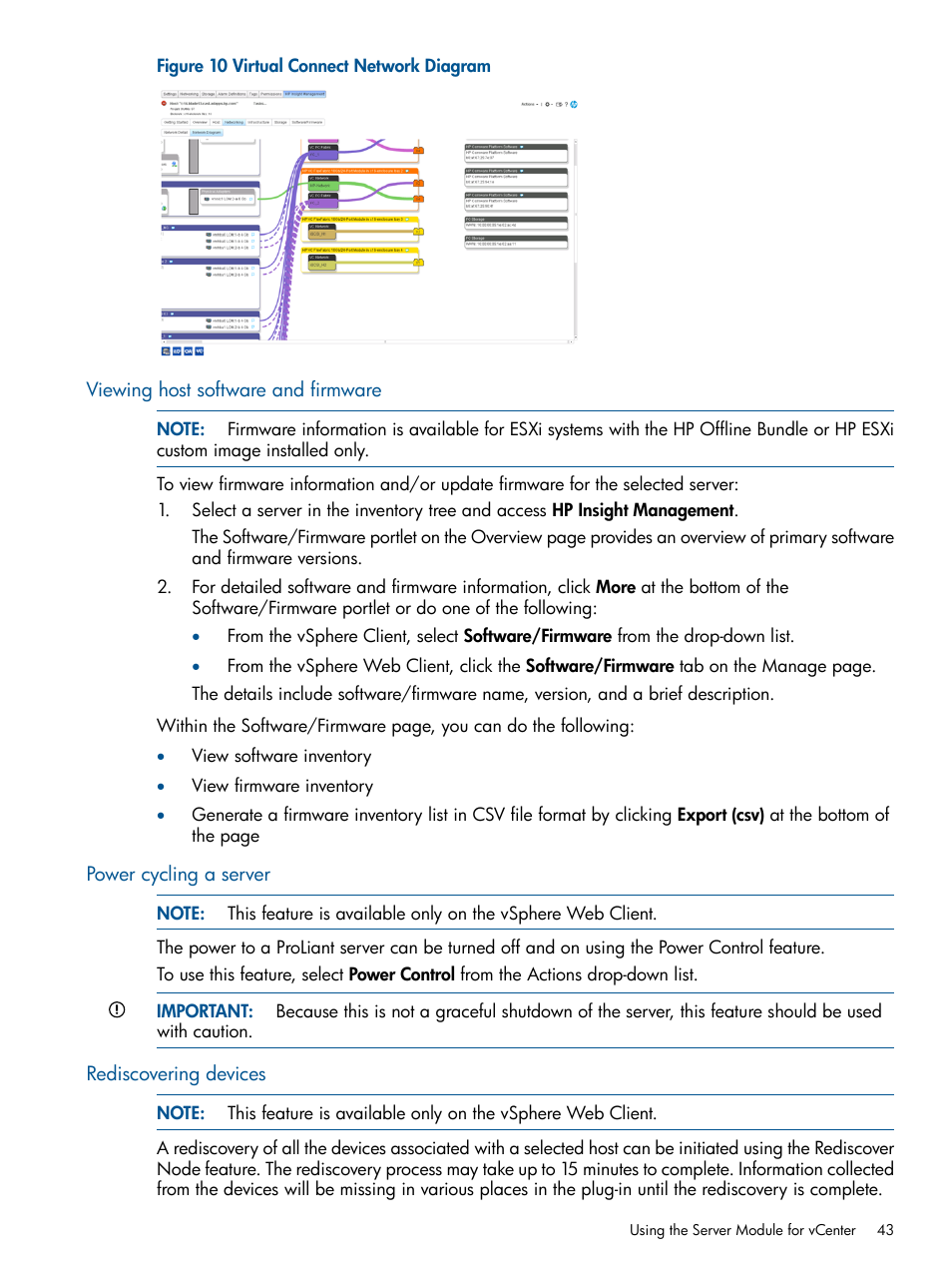 Viewing host software and firmware, Power cycling a server, Rediscovering devices | HP OneView for VMware vCenter User Manual | Page 43 / 113