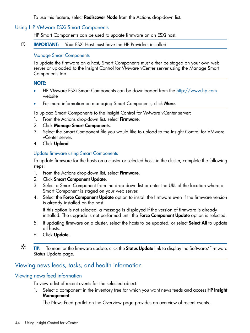 Using hp vmware esxi smart components, Viewing news feeds, tasks, and health information, Viewing news feed information | HP OneView for VMware vCenter User Manual | Page 44 / 113