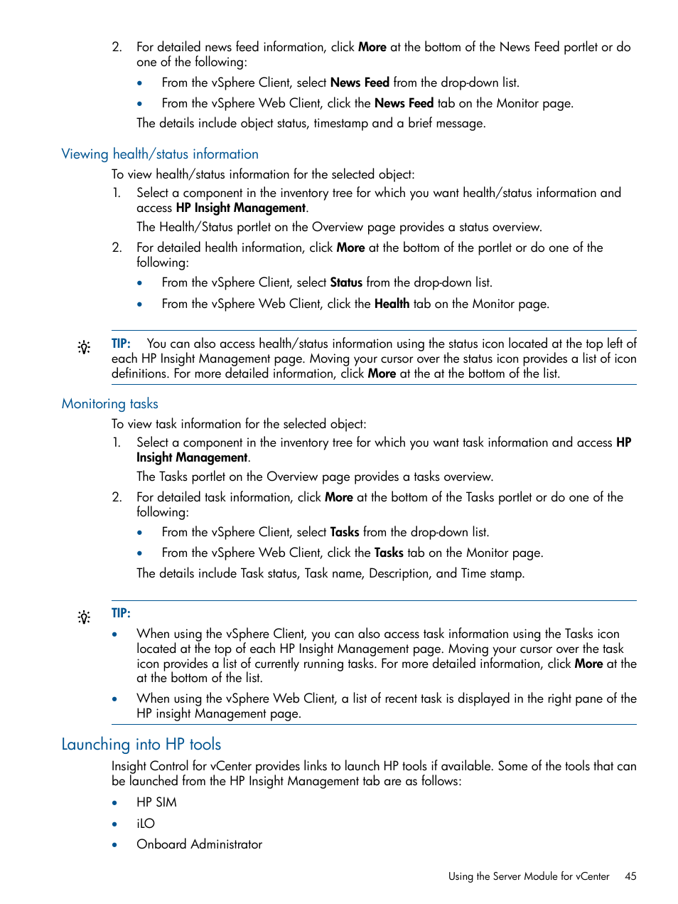 Viewing health/status information, Monitoring tasks, Launching into hp tools | Viewing health/status information monitoring tasks | HP OneView for VMware vCenter User Manual | Page 45 / 113