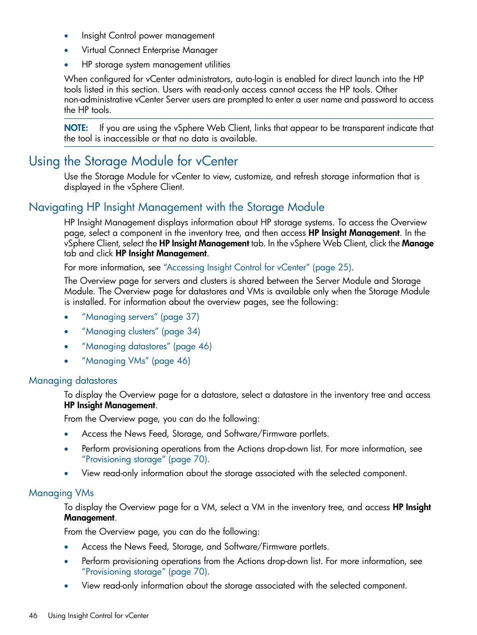 Using the storage module for vcenter, Managing datastores, Managing vms | Managing datastores managing vms | HP OneView for VMware vCenter User Manual | Page 46 / 113
