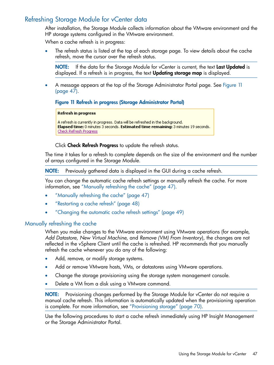 Refreshing storage module for vcenter data, Manually refreshing the cache | HP OneView for VMware vCenter User Manual | Page 47 / 113