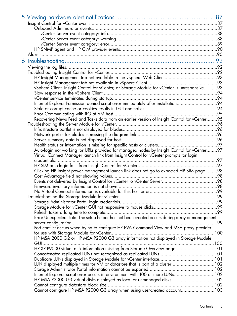 5 viewing hardware alert notifications, 6 troubleshooting | HP OneView for VMware vCenter User Manual | Page 5 / 113