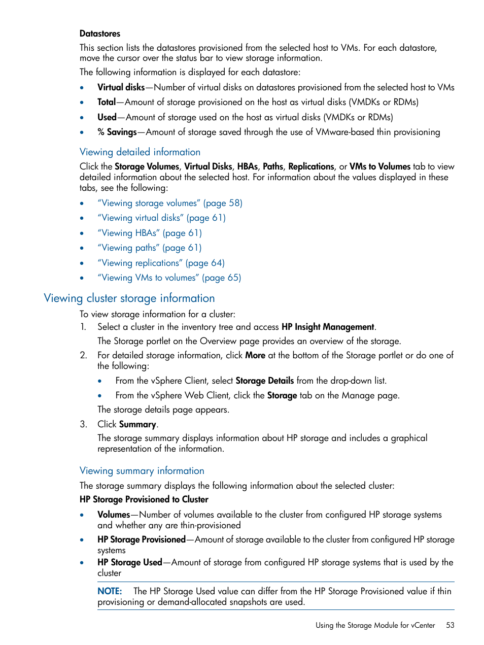 Viewing cluster storage information | HP OneView for VMware vCenter User Manual | Page 53 / 113