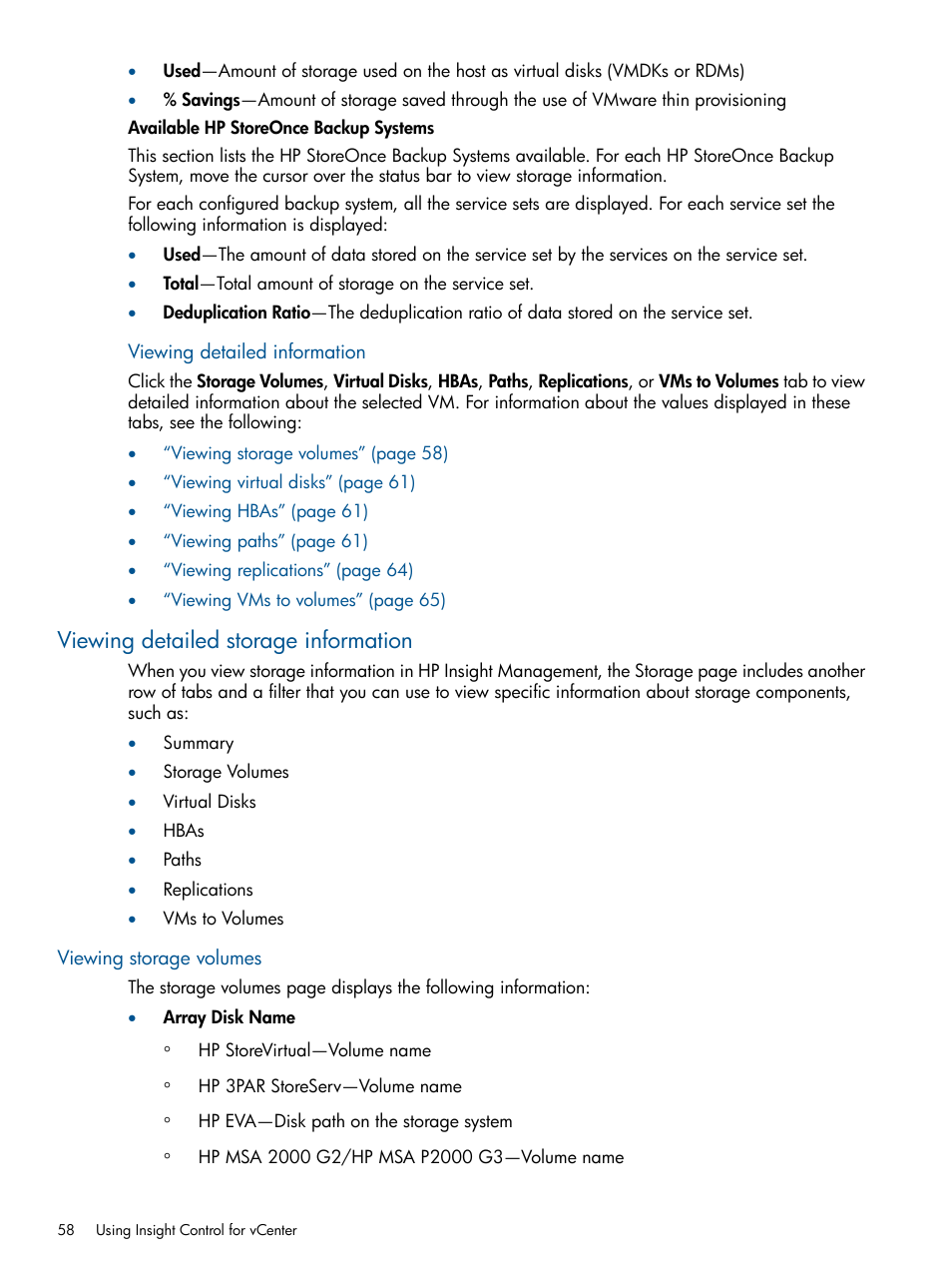 Viewing detailed storage information, Viewing storage volumes | HP OneView for VMware vCenter User Manual | Page 58 / 113