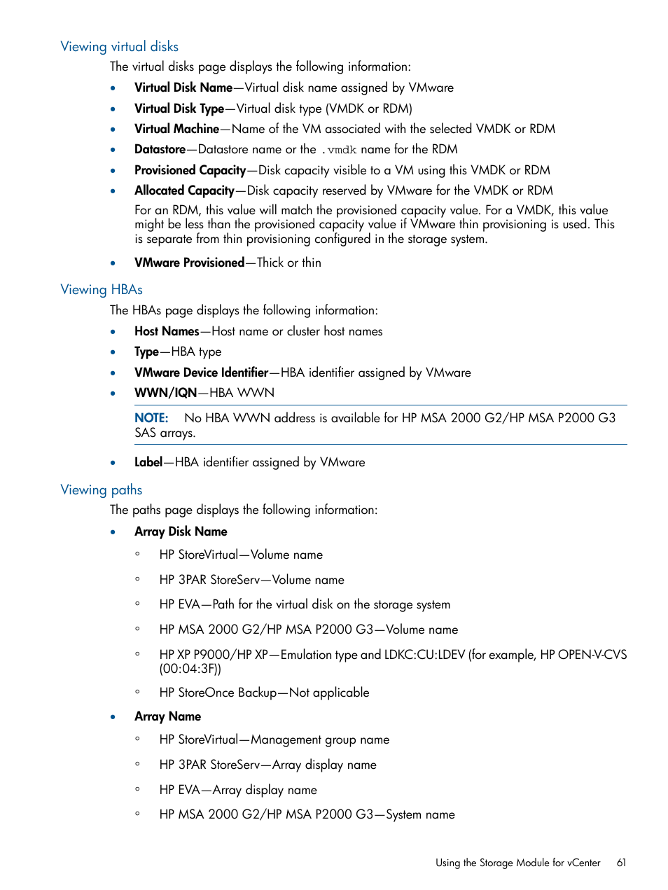 Viewing virtual disks, Viewing hbas, Viewing paths | Viewing virtual disks viewing hbas viewing paths | HP OneView for VMware vCenter User Manual | Page 61 / 113