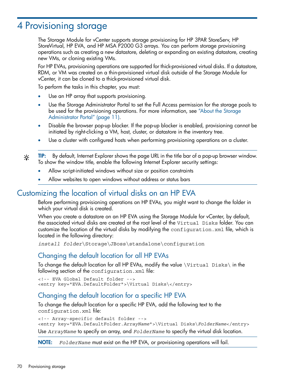 4 provisioning storage, Changing the default location for all hp evas | HP OneView for VMware vCenter User Manual | Page 70 / 113