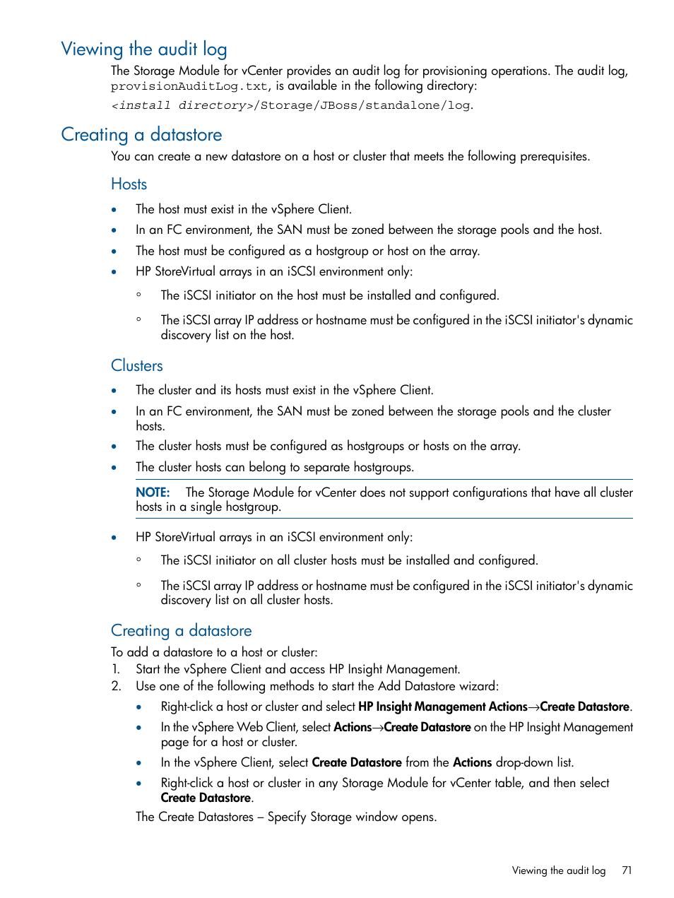 Viewing the audit log, Creating a datastore, Viewing the audit log creating a datastore | Hosts, Clusters | HP OneView for VMware vCenter User Manual | Page 71 / 113