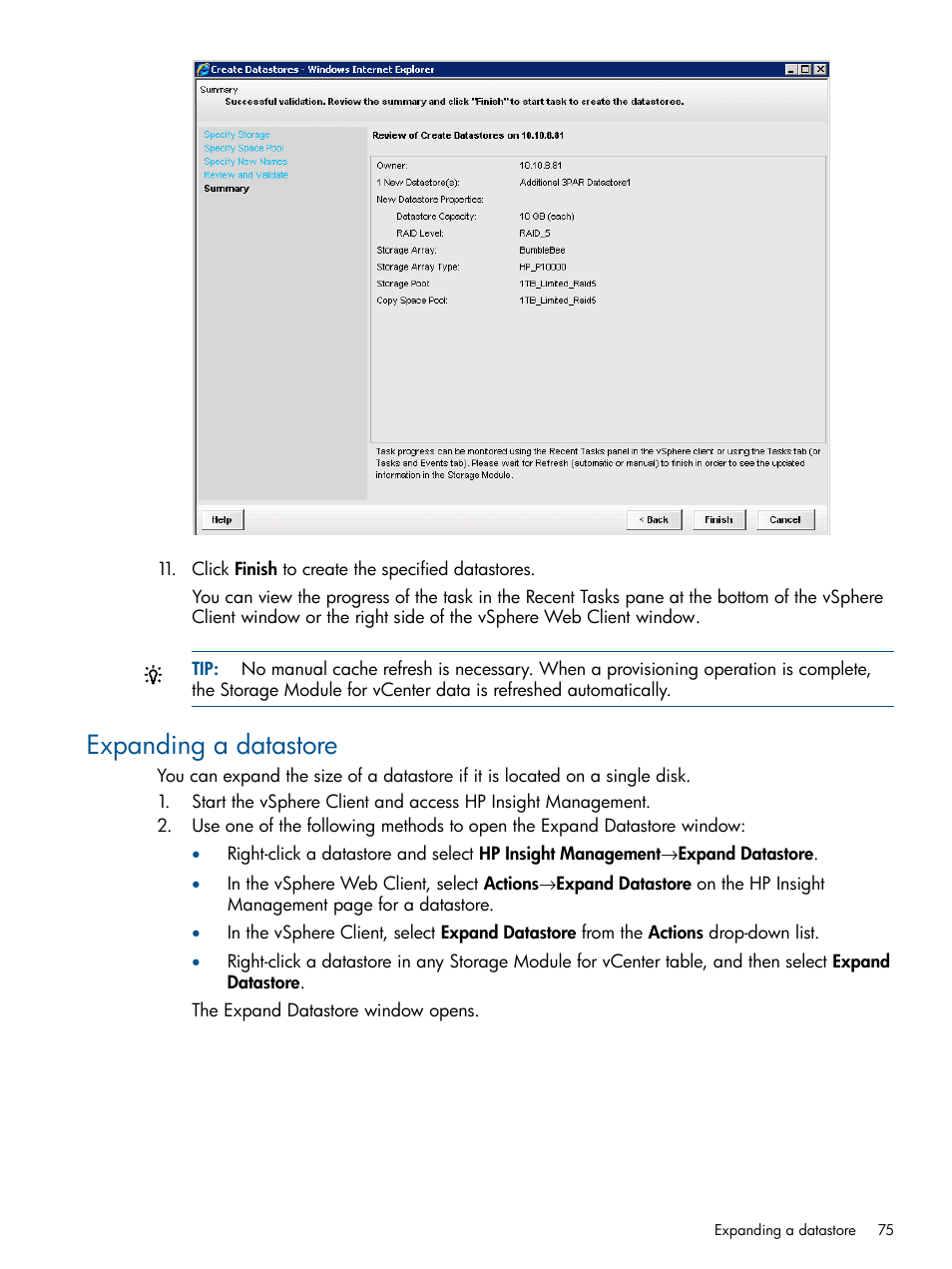 Expanding a datastore | HP OneView for VMware vCenter User Manual | Page 75 / 113