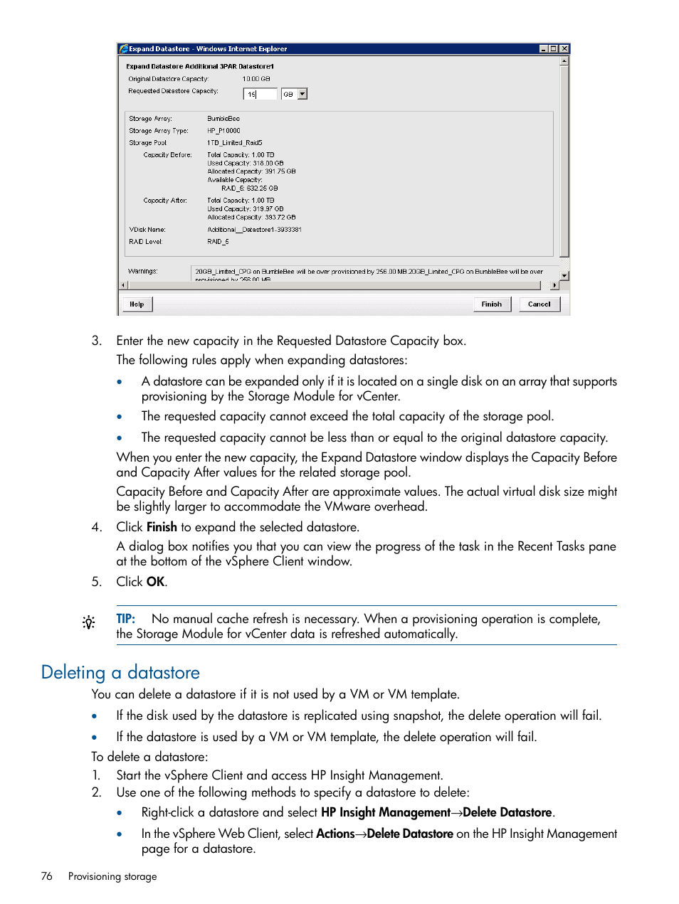 Deleting a datastore | HP OneView for VMware vCenter User Manual | Page 76 / 113
