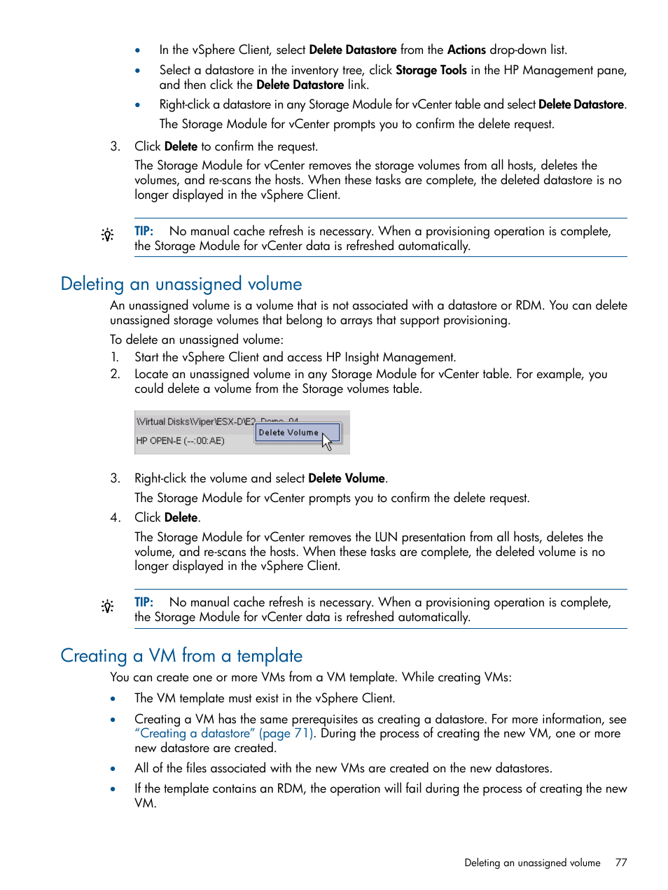 Deleting an unassigned volume, Creating a vm from a template | HP OneView for VMware vCenter User Manual | Page 77 / 113