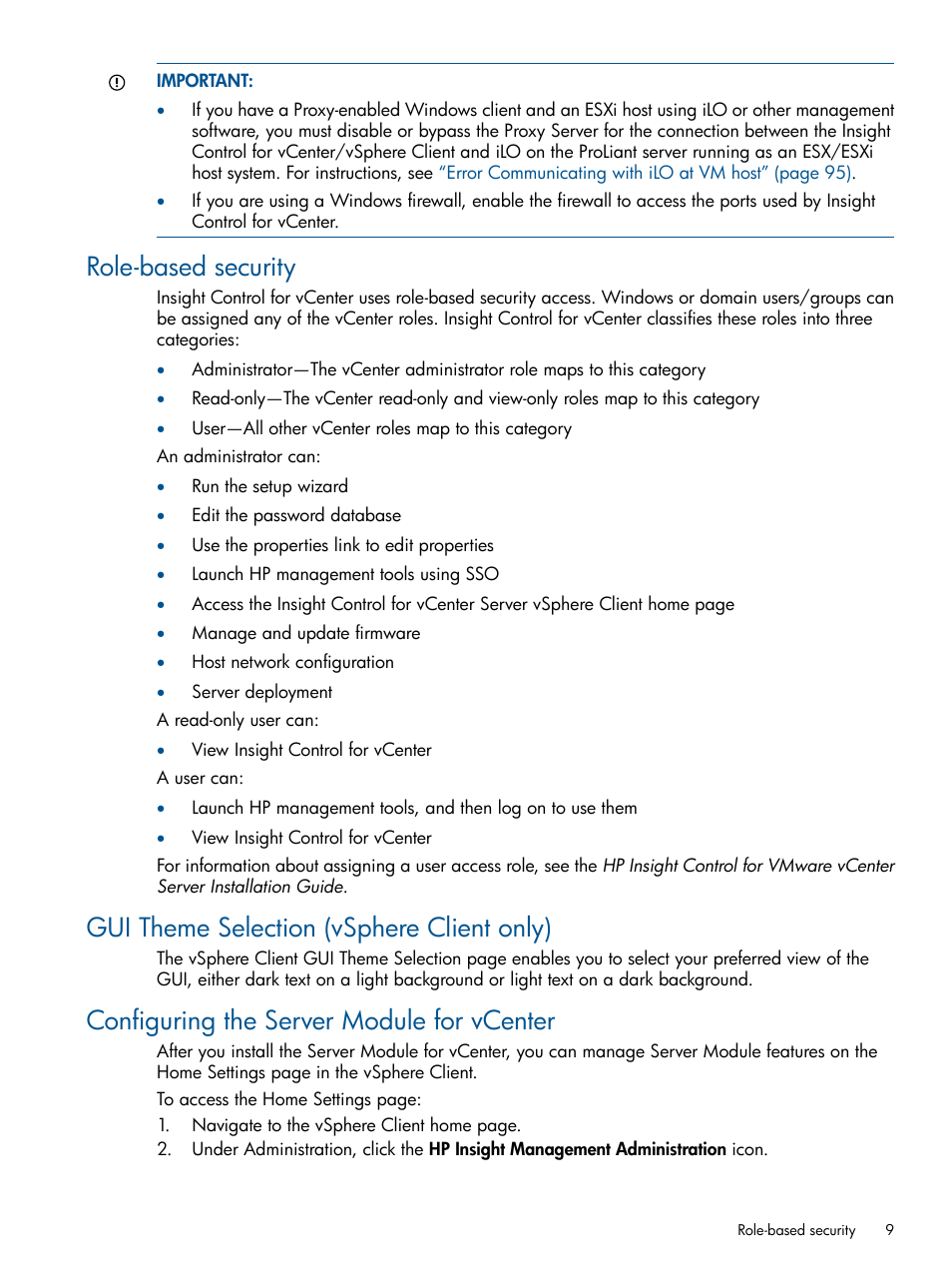 Role-based security, Gui theme selection (vsphere client only), Configuring the server module for vcenter | HP OneView for VMware vCenter User Manual | Page 9 / 113