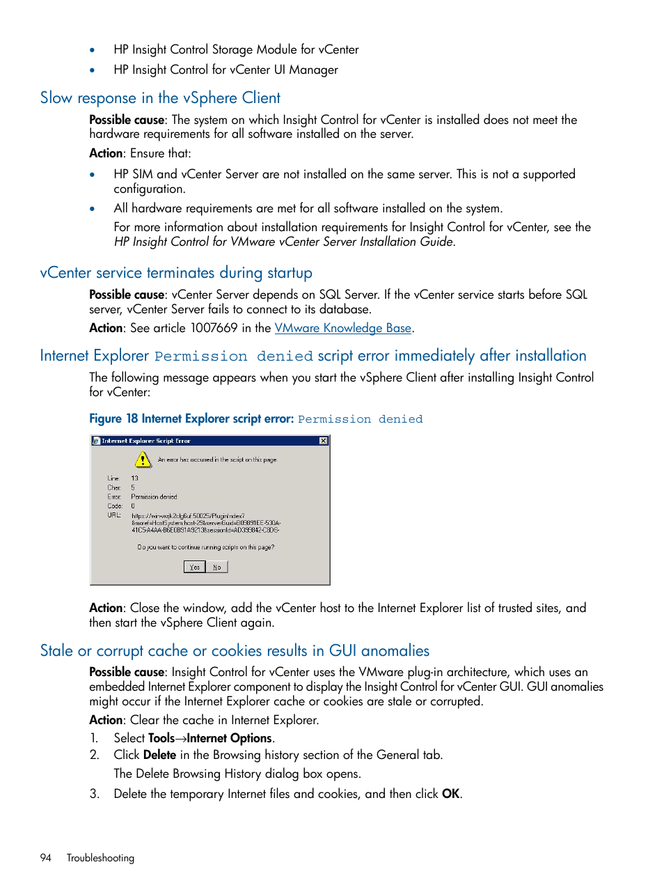 Slow response in the vsphere client, Vcenter service terminates during startup | HP OneView for VMware vCenter User Manual | Page 94 / 113