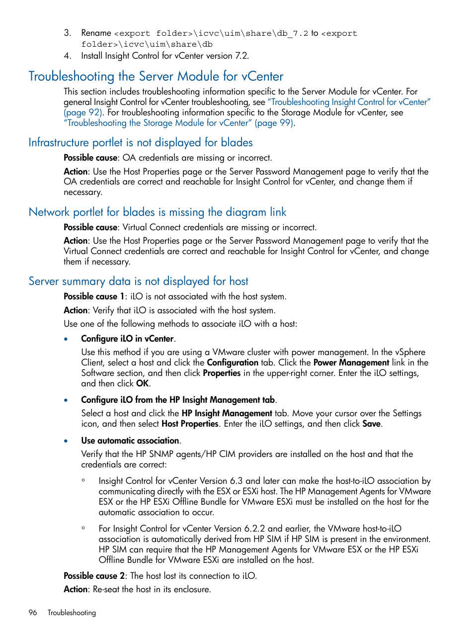 Troubleshooting the server module for vcenter, Infrastructure portlet is not displayed for blades, Server summary data is not displayed for host | Troubleshooting the | HP OneView for VMware vCenter User Manual | Page 96 / 113