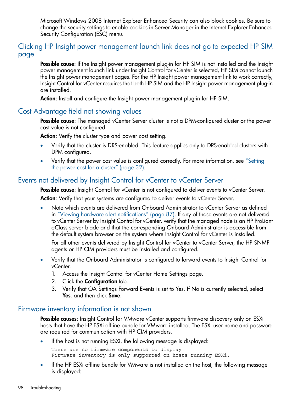 Cost advantage field not showing values, Firmware inventory information is not shown | HP OneView for VMware vCenter User Manual | Page 98 / 113