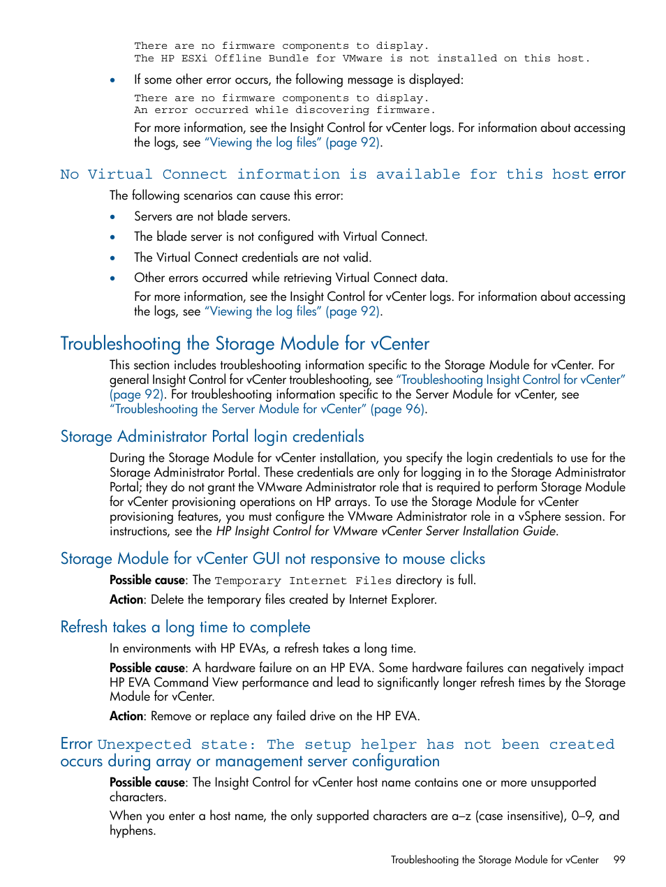 Troubleshooting the storage module for vcenter, Storage administrator portal login credentials, Refresh takes a long time to complete | HP OneView for VMware vCenter User Manual | Page 99 / 113