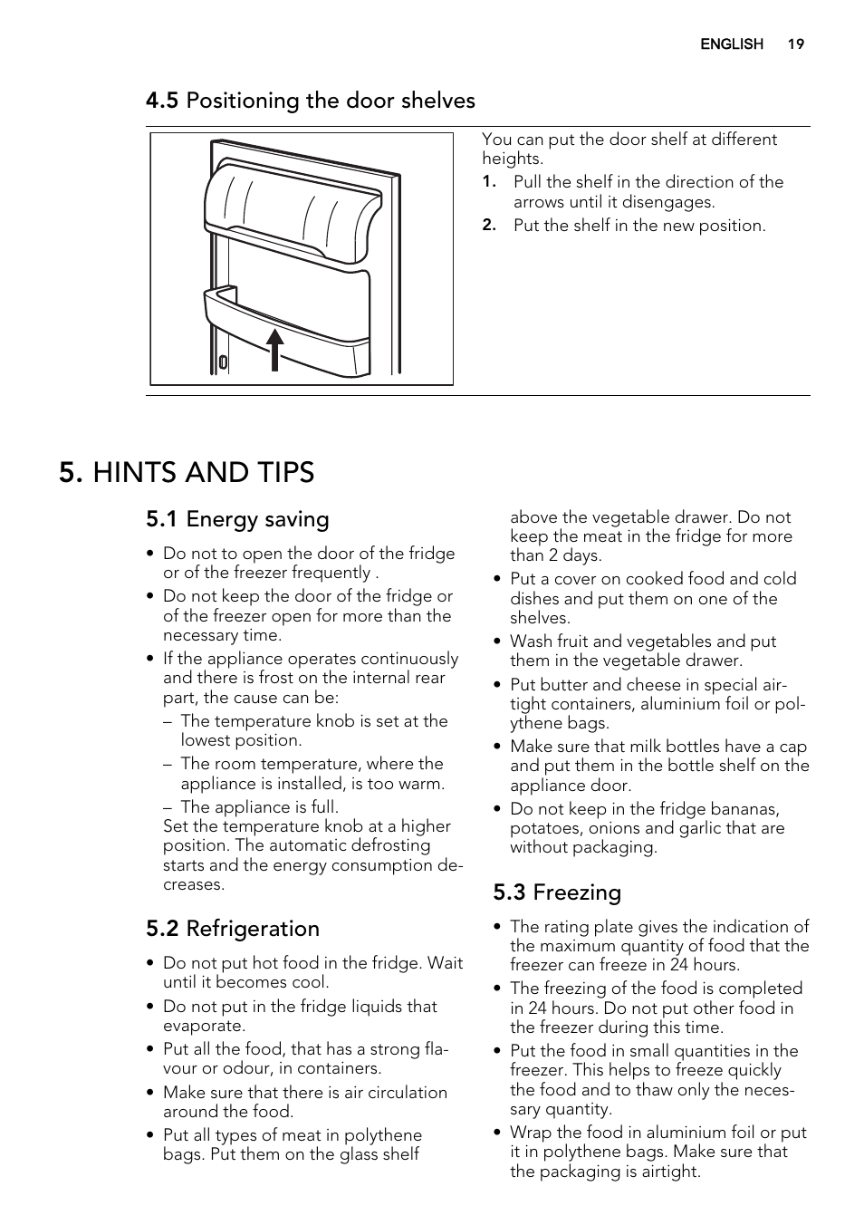 Hints and tips, 5 positioning the door shelves, 1 energy saving | 2 refrigeration, 3 freezing | AEG S72300DSX0 User Manual | Page 19 / 68