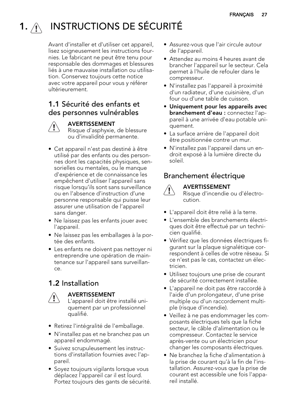 Instructions de sécurité, 2 installation, Branchement électrique | AEG S72300DSX0 User Manual | Page 27 / 68