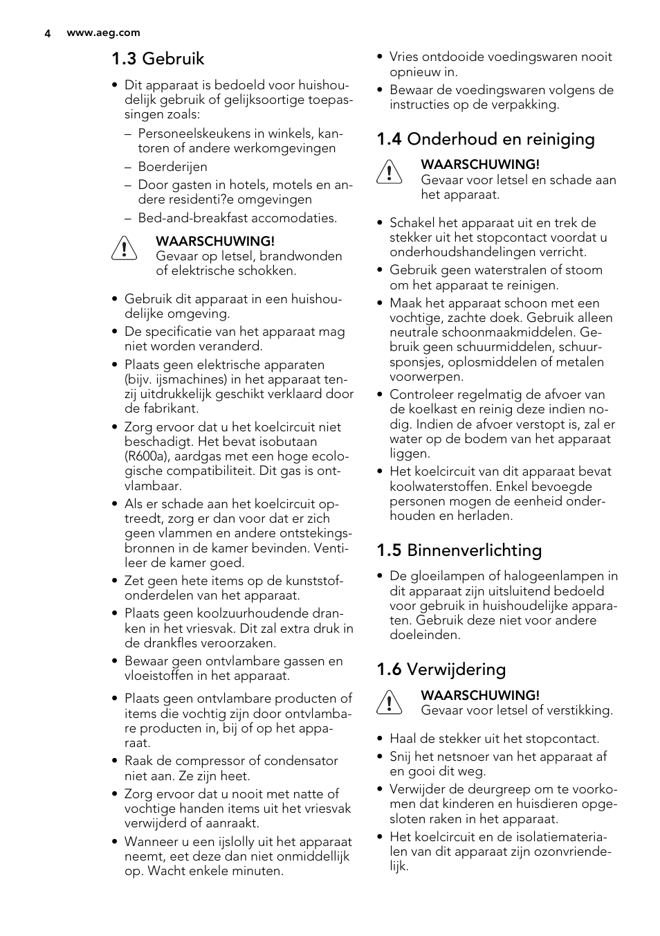 3 gebruik, 4 onderhoud en reiniging, 5 binnenverlichting | 6 verwijdering | AEG S72300DSX0 User Manual | Page 4 / 68