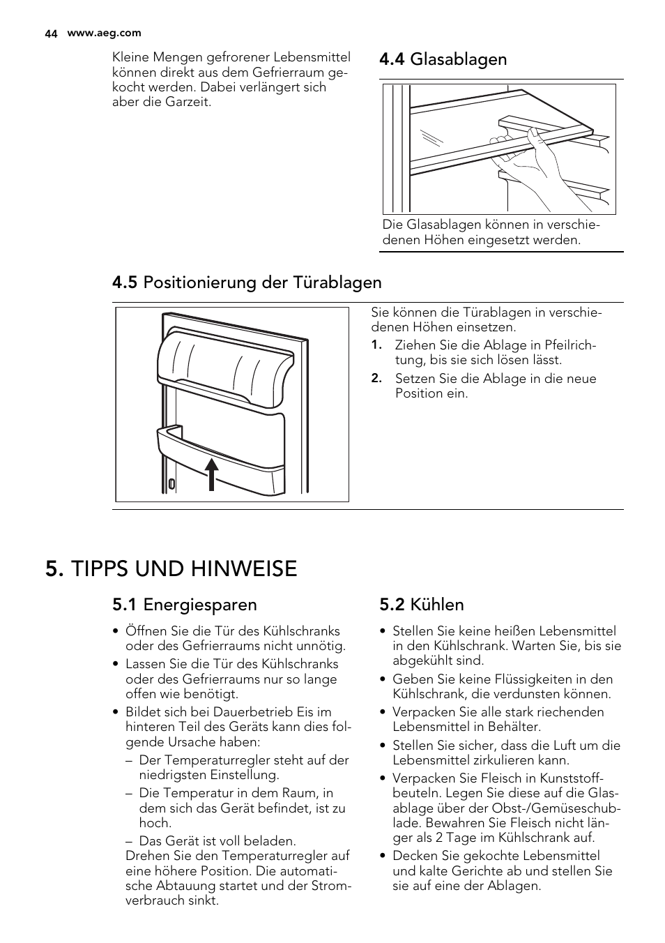 Tipps und hinweise, 4 glasablagen, 5 positionierung der türablagen | 1 energiesparen, 2 kühlen | AEG S72300DSX0 User Manual | Page 44 / 68