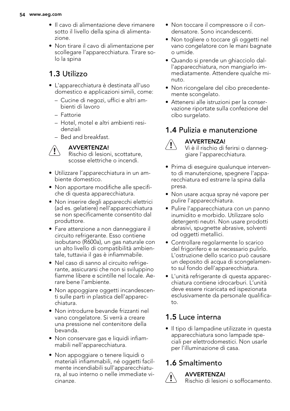 3 utilizzo, 4 pulizia e manutenzione, 5 luce interna | 6 smaltimento | AEG S72300DSX0 User Manual | Page 54 / 68