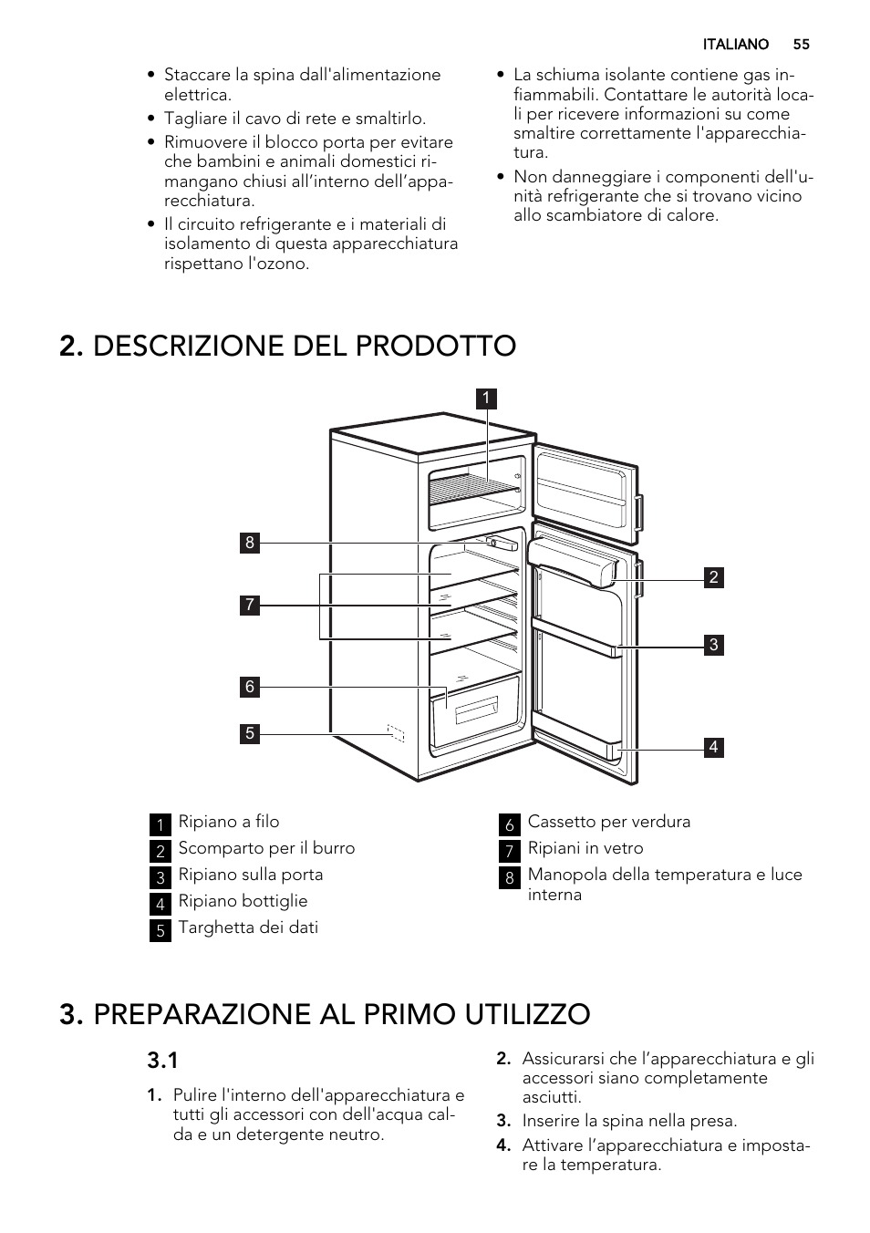 Descrizione del prodotto, Preparazione al primo utilizzo | AEG S72300DSX0 User Manual | Page 55 / 68