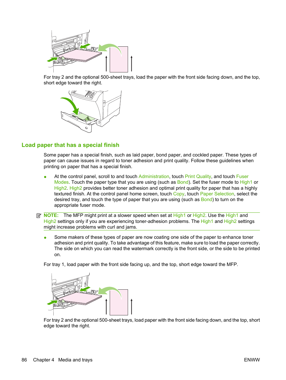 Load paper that has a special finish | HP LaserJet M4349 Multifunction Printer series User Manual | Page 100 / 282