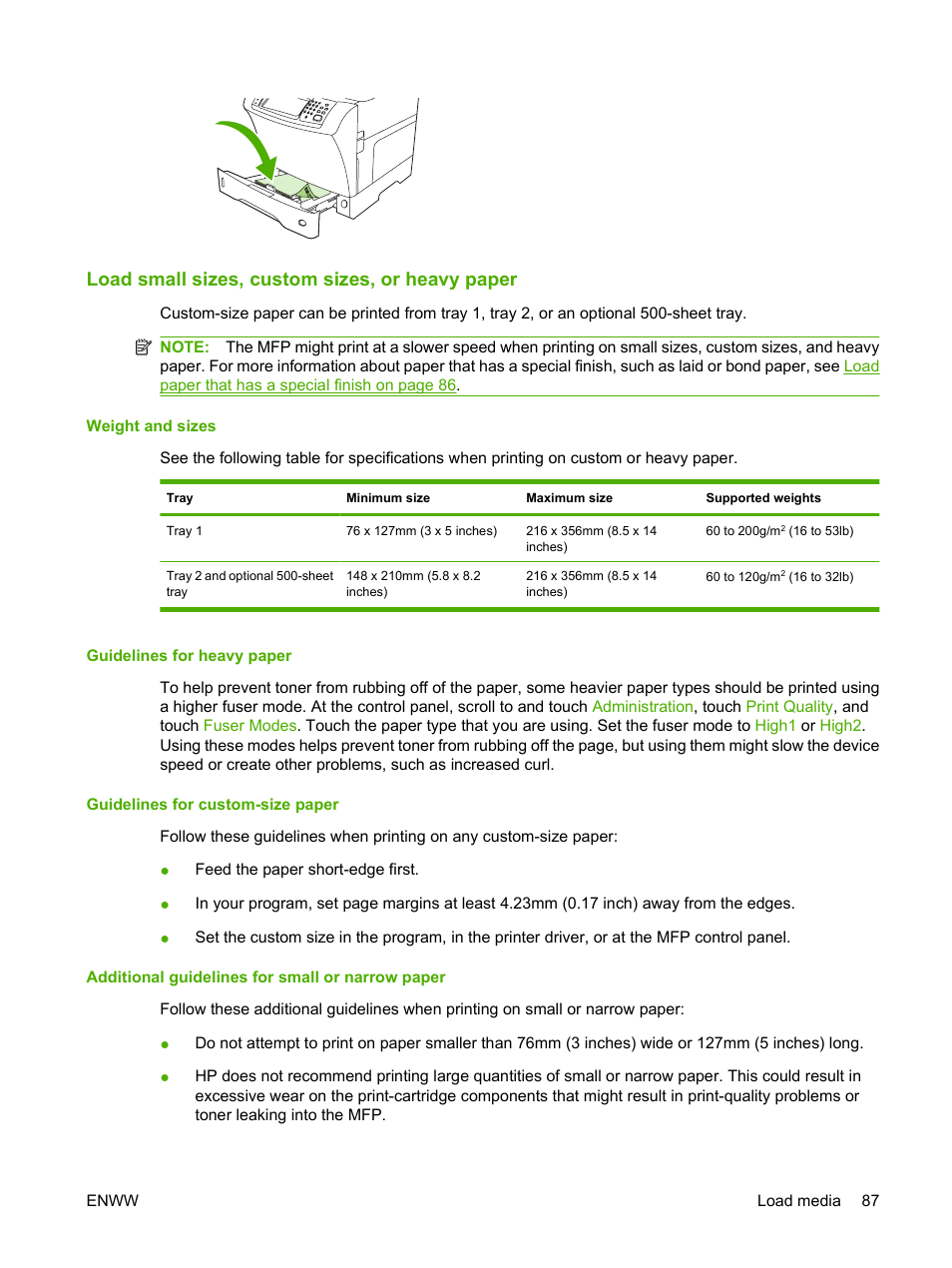 Load small sizes, custom sizes, or heavy paper, Weight and sizes, Guidelines for heavy paper | Guidelines for custom-size paper, Additional guidelines for small or narrow paper | HP LaserJet M4349 Multifunction Printer series User Manual | Page 101 / 282