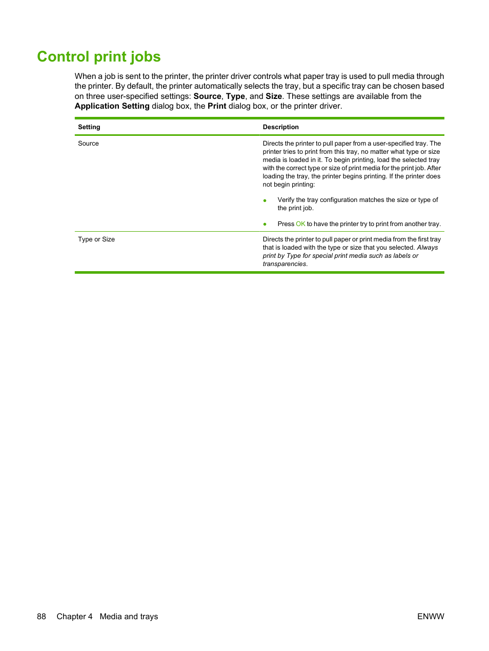 Control print jobs | HP LaserJet M4349 Multifunction Printer series User Manual | Page 102 / 282